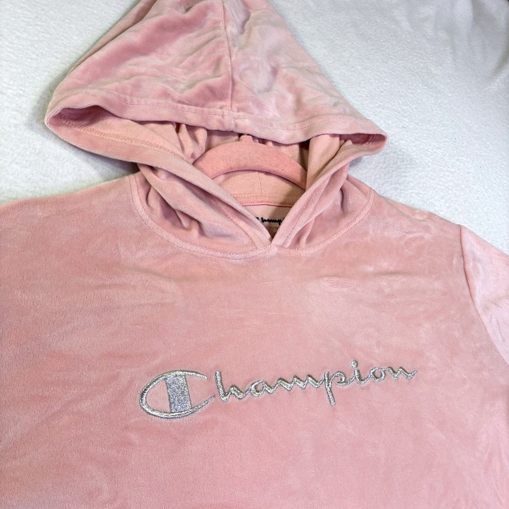 Champion Pink Velour Hoodie Silver Metallic Logo Pullover Sweatshirt Large